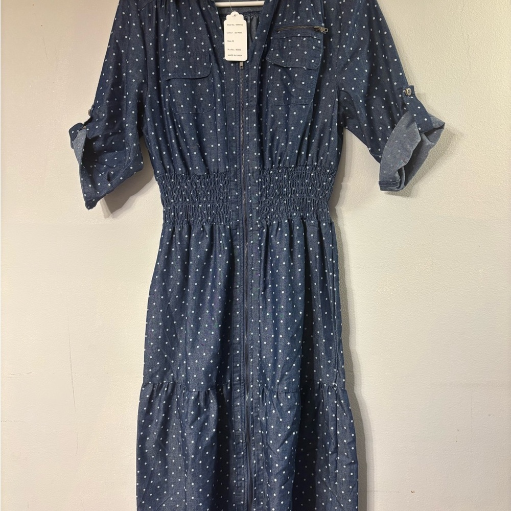 Elegant Navy Polka Dot Long Sleeve Dress